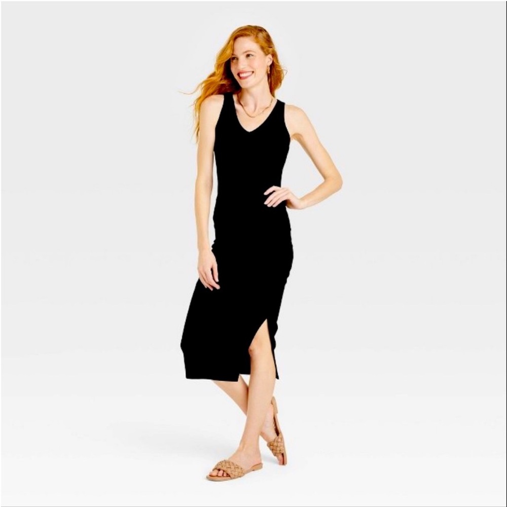 EUC a new day Rib Knit Side Ruched Dress - Black - Size L